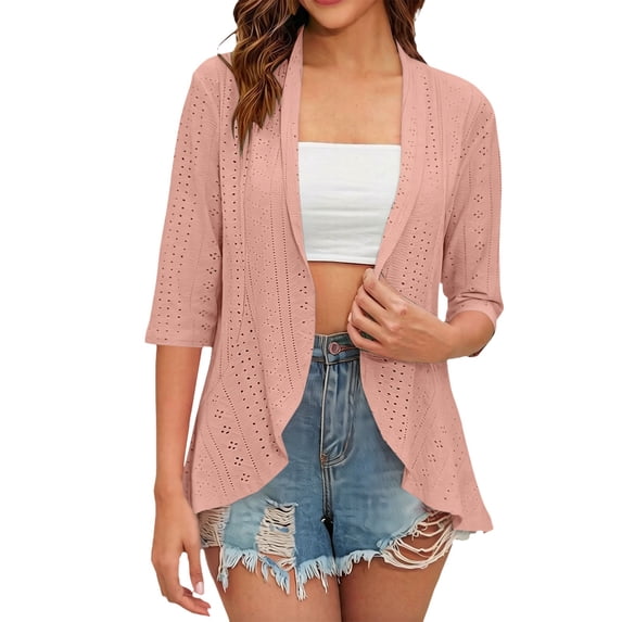 MSJUHEG Summer Lightweight Cardigan 3/4 Sleeve Shirts Bolero Shrug Crochet Shrug Solid Colors Hollow Out Summer Boleromesh Sweaters Light Weight Cardigan Boho Clothes Rose Gold M