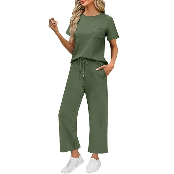 MSJUHEG Summer Outfits for Women Linen Sets for Women 2 Piece Womens Two Piece Sets Summer Summer Sets Women 2 Piece Outfits Two Piece Outfits Summer Summer Pants Sets Women 2 Piece Outfits Green S