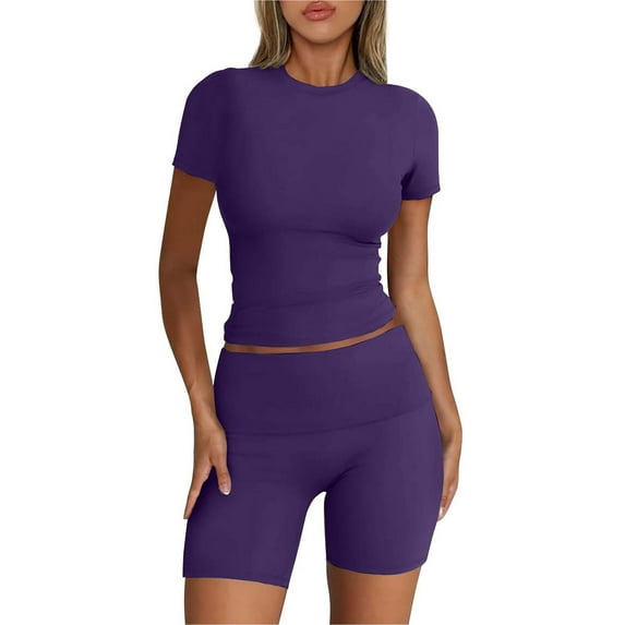 MSJUHEG Summer Set Summer Sets Linen Shorts for Women Womens 2 Piece Outfits Summer Two Piece Short Set for Women Short Set Womens Pajama Sets Shorts Purple M