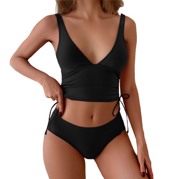 MSJUHEG Summer Swimsuit,Sporty Two Piece Swimsuits,Halter String,2 Piece Bikini Sets,Retro Swimsuit for Women,Thong Bikini Sets for Women,Full Coverage Swimsuits for Women Black XL