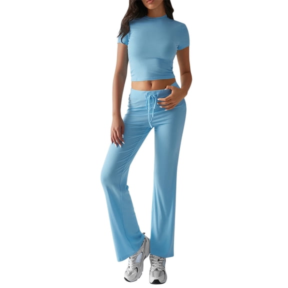 MSJUHEG Summer Work Outfits for Women Workout Sets for Women Summer Outfits for Women Lounge Sets for Women Two Piece Outfits Summer Tank Crop Top Wide Leg Pants Set Linen Pants Women Sky Blue M