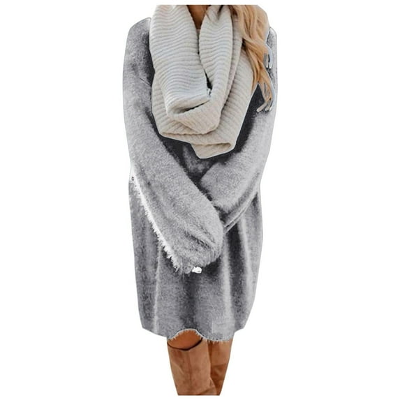 MSJUHEG Sweater Dress Fall Dresses Trendy Womens Sweater Dress O Neck Sleeve Solid Knitted Sweater Dresses Womens Dresses Gray Xl