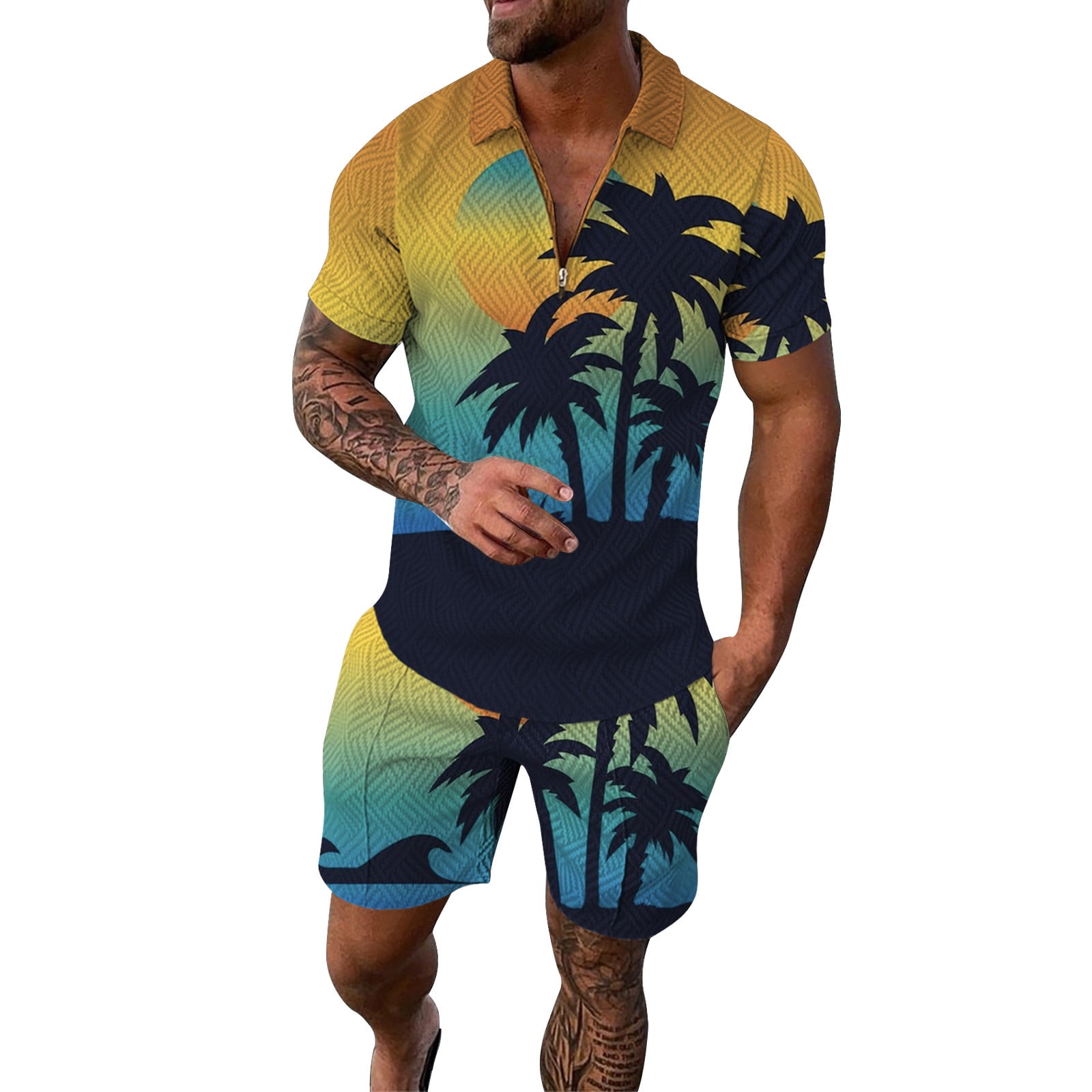 Men's Full Size Quarter Zip Short Sleeve Polo and Pants Set Plus Size