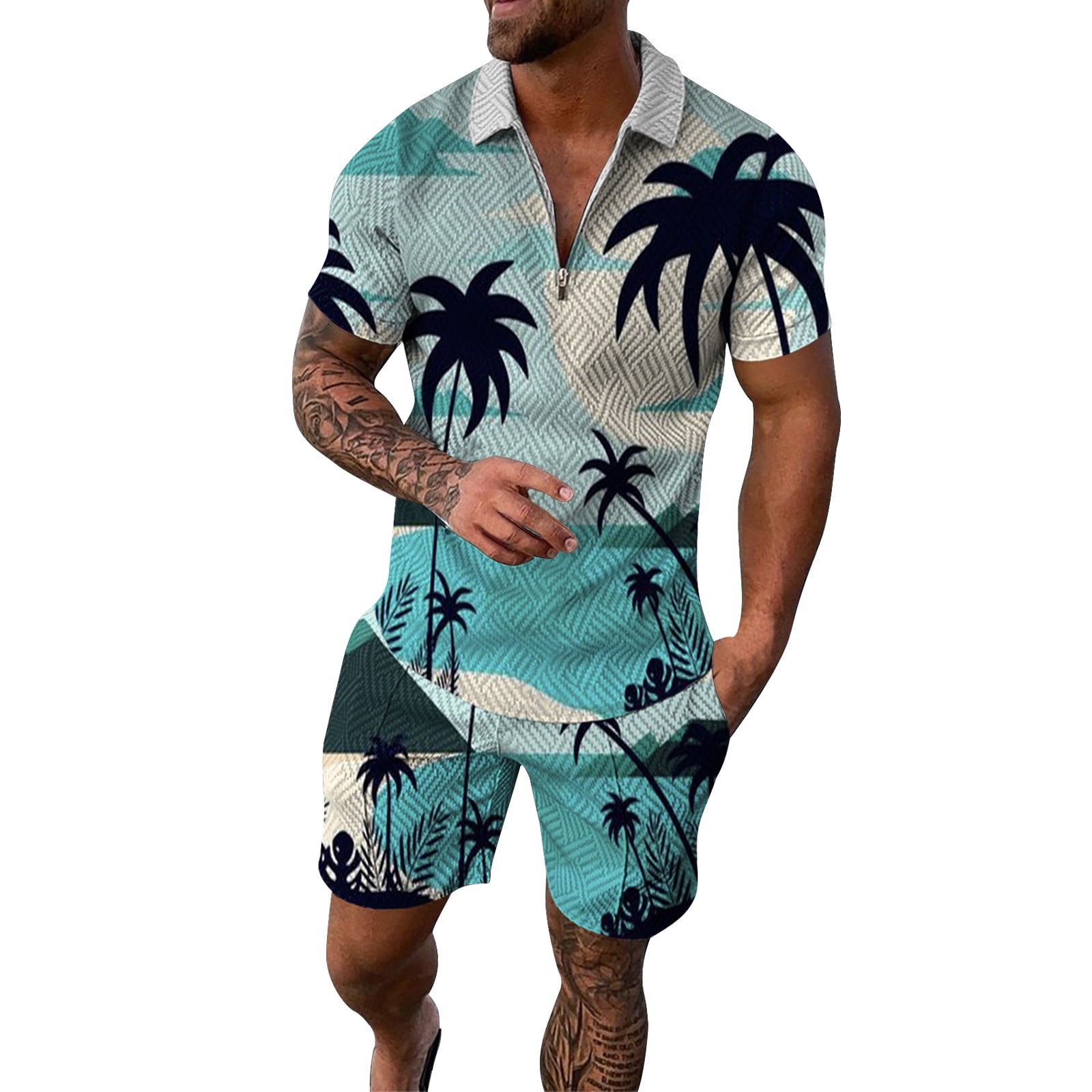 Men's Polo Shirt & Shorts Set – Casual Summer Outfit, Short Sleeve Zipper Top with Matching Shorts
