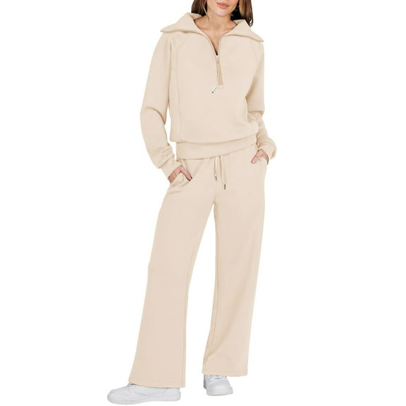 MSJUHEG Sweatpants Women Hoodies For Women Women Two Piece Outfits Sweatsuit Set Quarter Zip Oversized Sweatshirt Wide Leg Sweatpant Fall Set Tracksuit Womens Hoodies Beige L