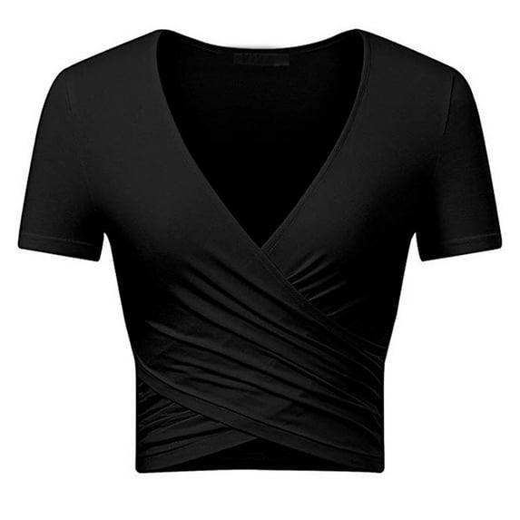 MSJUHEG Sweatshirt For Women Womens Tops Women Deep V Neck Short Sleeve Unique Slim Fit Coss Wrap Blouse Crop Tops Womens Sweatshirt Black S