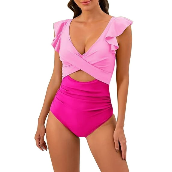 MSJUHEG Swim Suits for Women 2025,Swimwear Monokinis,High Waist Bathing Suit,Womens One Piece Swimsuits,Cross Back,Bathing Suit for Women,Push Up Bathing Suits for Women Pink 2XL