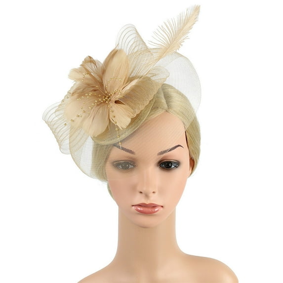 MSJUHEG Tea Party Hats,Feather Hair Clip,Feather Headpiece,Church Hats,Fascinators Hats,Clip Hair Headband Sinamay Flower Hat Pillbox Headband Gold One Size