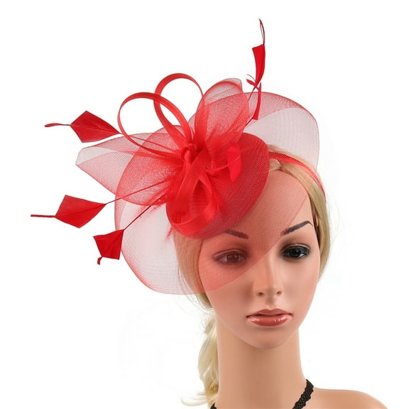 MSJUHEG Tea Party Hats,Feather Hair Clip,Feather Headpiece,Church Hats,Fascinators Hats,Fascinator Hat Flower Feather Mesh Tea Party Hairband for Women Red 1 One Size