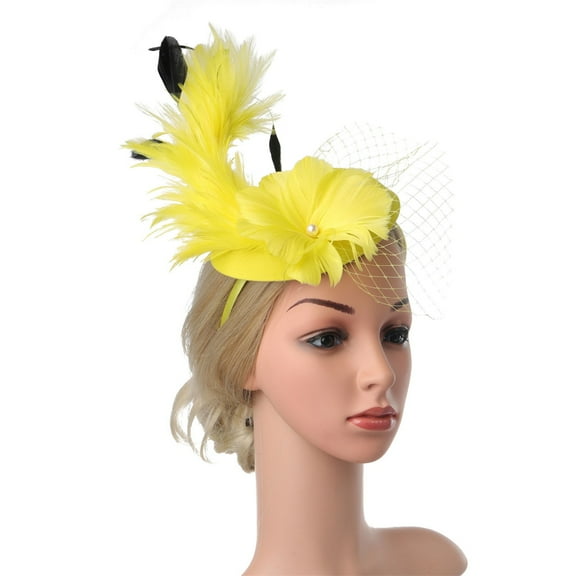 MSJUHEG Tea Party Hats,Feather Hair Clip,Feather Headpiece,Church Hats,Fascinators Hats,Fascinator Wedding Hat Feather Flower Pillbox Hat Tea Headband Clips Yellow One Size