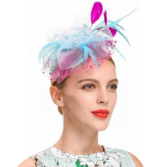 MSJUHEG Tea Party Hats,Feather Hair Clip,Feather Headpiece,Church Hats,Fascinators Hats,Hat for Wedding Flower Mesh Feathers Hair Clip Tea Party Headband Sky Blue One Size