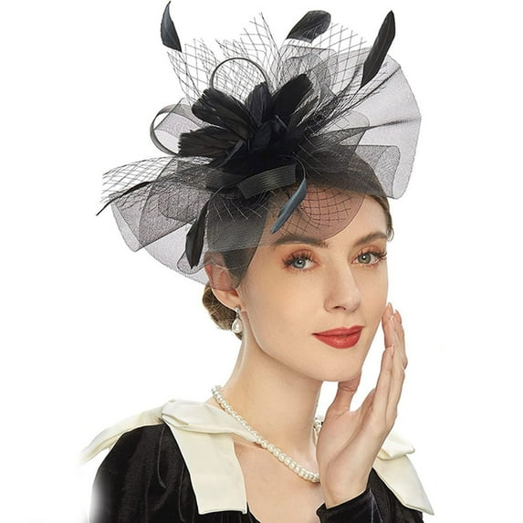 MSJUHEG Tea Party Hats,Feather Hair Clip,Feather Headpiece,Church Hats,Fascinators Hats,Retro Mesh Hair Accessories Prom Feather Horse Festival Lady Headband Black One Size
