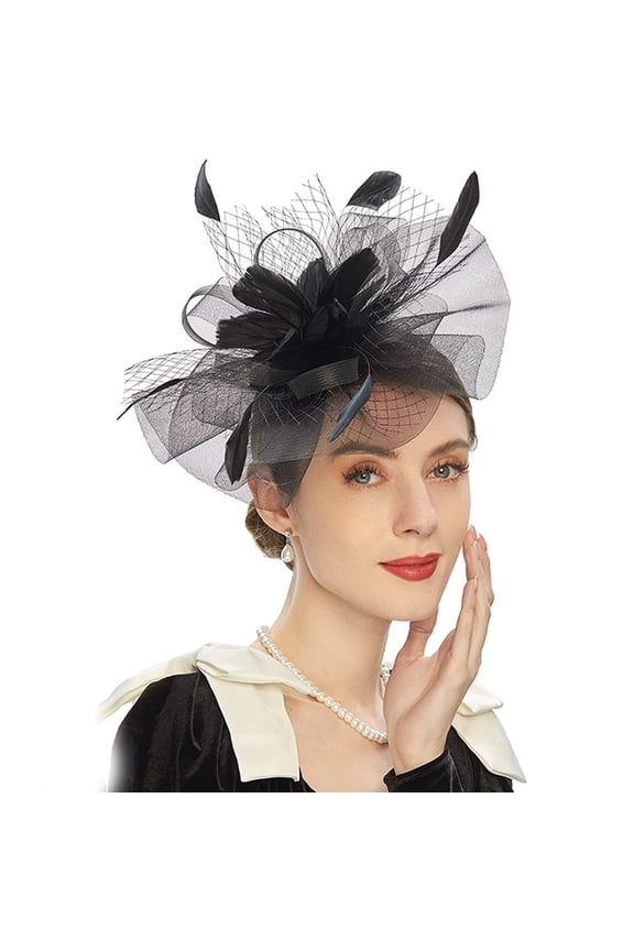 Tea Party Hats,Feather Hair Clip,Feather Headpiece,Church Hats,Fascinators Hats,Retro Mesh Hair Accessories Prom Feather Horse Festival Lady Headband Black One Size