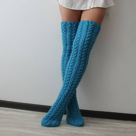 MSJUHEG Thigh High Stockings,Long Socks,Slouchy Socks,Boot Socks,Scrunch Socks Women,High Stockings for Cable Knit Extra Long Boot Socks Blue One Size