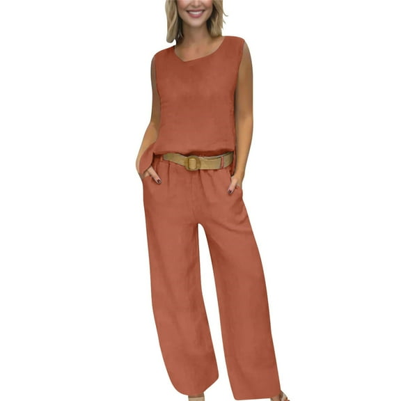 MSJUHEG Travel Outfits for Women Travel Outfits for Women 2 Piece Sets Summer Pants Sets Women 2 Piece Outfits Crop Tops Wide Leg Pant Sets Linen Pants Women Orange L