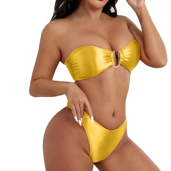 MSJUHEG Tummy Control Bikini for Women,Knot Front,Strapless Bathing Suits for Women,Bikini Tops Full Coverage Bottoms,Boho Swimsuits for Women,Two Piece Swimsuit,Thong Bikini Sets for Women Yellow L