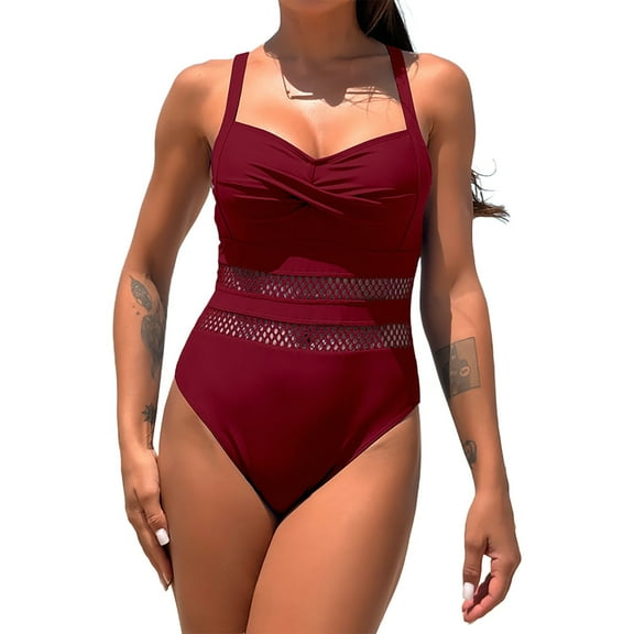 MSJUHEG Tummy Control Swimsuits for Women,1 Piece Swimsuit,One Piece Bathing Suit for Women,Swimsuits for Women 2025,Cross Back,Bandeau Bathing Suits,Strapless Bathing Suits Red M