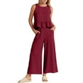 thumbnail image 1 of MSJUHEG Two Piece Outfits For Women Fall Outfits 2 Piece Solid Color Outfits Sleeveless Ruffle Tank Crop Top & Wide Leg Pants Set With Pockets Linen Pants Red M, 1 of 8