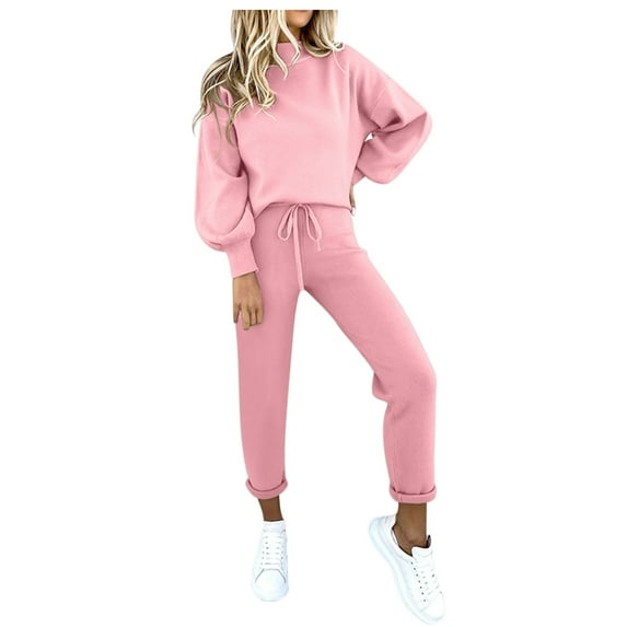 MSJUHEG Two Piece Outfits For Women Fall Outfits Women Solid Shirt Round Neck Blouse Pocket Pant Suit Women'S Pants Pink Xl