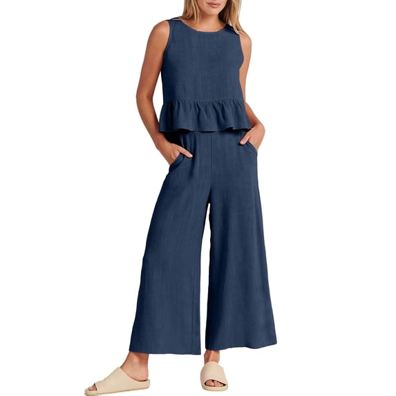 MSJUHEG Two Piece Outfits For Women Fall Outfits 2 Piece Outfits Sleeveless Ruffle Tank Crop Top & Wide Leg Pants Set With Pockets Linen Pants Dark Blue S