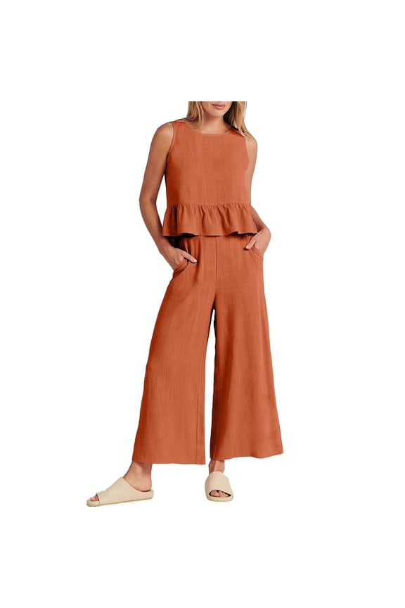 Two Piece Outfits For Women Fall Outfits 2 Piece Outfits Sleeveless Ruffle Tank Crop Top & Wide Leg Pants Set With Pockets Linen Pants Orange S