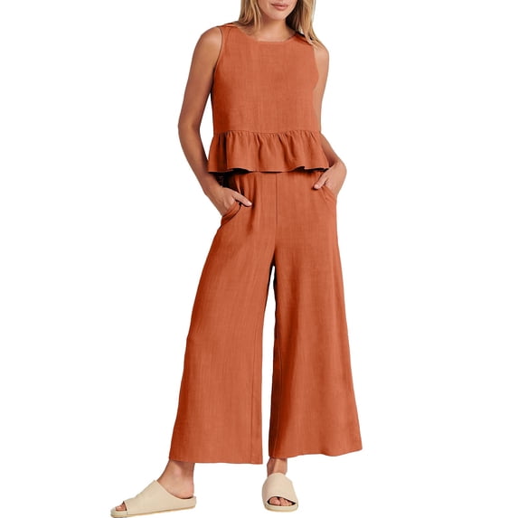 MSJUHEG Two Piece Outfits For Women Fall Outfits 2 Piece Outfits Sleeveless Ruffle Tank Crop Top & Wide Leg Pants Set With Pockets Linen Pants Orange S