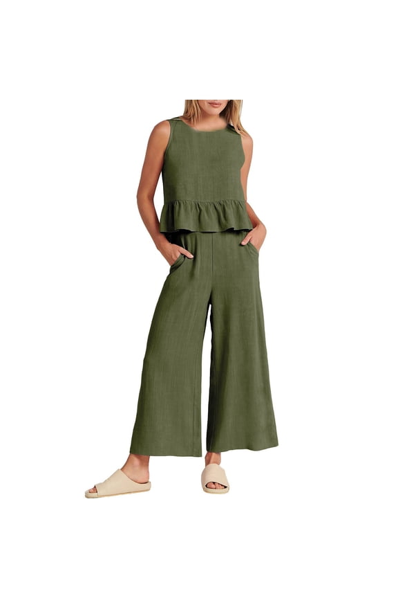 Two Piece Outfits For Women Fall Outfits 2 Piece Solid Color Outfits Sleeveless Ruffle Tank Crop Top & Wide Leg Pants Set With Pockets Linen Pants Green Xl