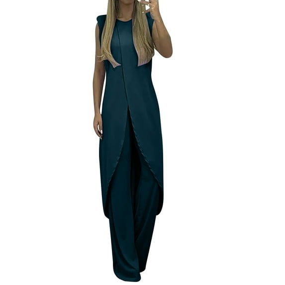 MSJUHEG Two Piece Outfits For Women Fall Outfits 7 Colors Mature Women Suit Suit For Women Slit Sleeveless Loose Blouse Wide Leg Pants Set Slacks For Women Navy M