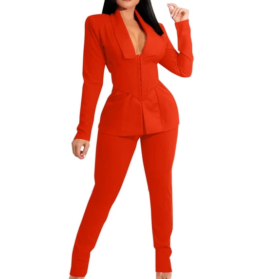 MSJUHEG Two Piece Outfits For Women Fall Outfits Two Piece Lapels Suit Set Office Business Long Sleeve Formal Jacket Pant Suit Slim Fit Trouser Jacket Suit With Waist Belt Slacks For Women Orange L
