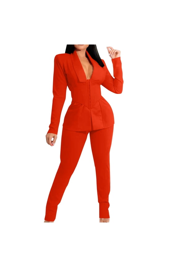 Two Piece Outfits For Women Fall Outfits Two Piece Lapels Suit Set Office Business Long Sleeve Formal Jacket Pant Suit Slim Fit Trouser Jacket Suit With Waist Belt Slacks For Women Orange L