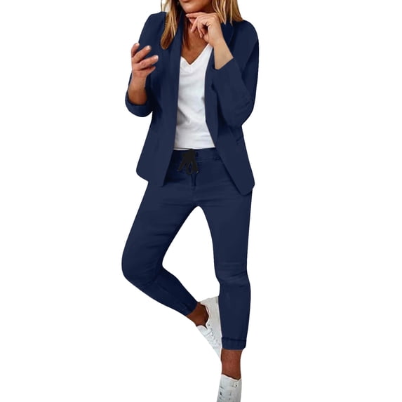 MSJUHEG Two Piece Outfits For Women Fall Outfits Two Piece Suit Set Office Business Long Sleeve Jacket Pant Suit Slim Fit Trouser Jacket Suit Linen Pants Dark Blue L