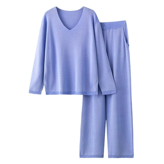 MSJUHEG Two Piece Sets For Women Blouses For Women Dressy Casual Long Sleeve Top And Pants Sets Solid Colorknitted Two Piece Set Sweater Knitted Sweater Two Piece Suit Joggers For Women Blue One Size
