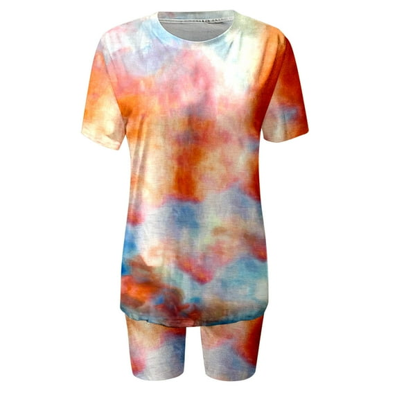 MSJUHEG Two Piece Sets For Women Blouses For Women Dressy Casual Women Tie Dye Set Two Piece Outfits Summer Casual Two Piece Short Set Short Sleeve T Shirts Joggers For Women Orange Xxl
