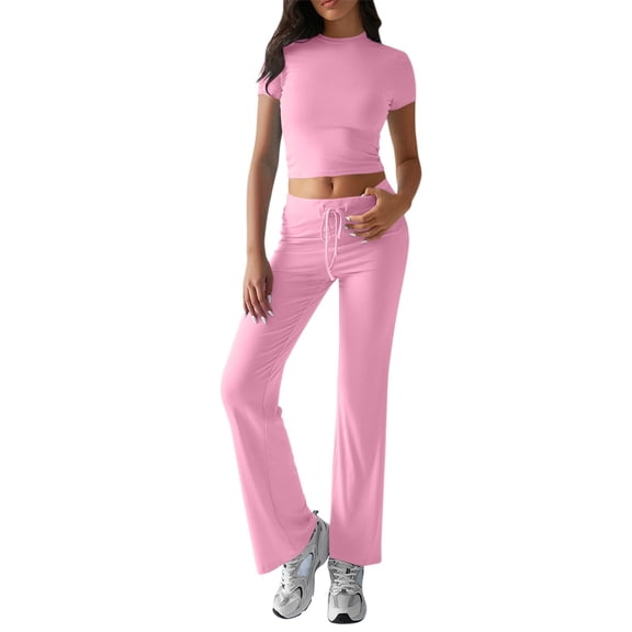 MSJUHEG Two Piece Sets for Women Dressy Tank Crop Top Wide Leg Pants Set Summer Sets Women 2 Piece Outfits 2 Piece Pants Set for Women Summer Womens Two Piece Sets Summer Pink M