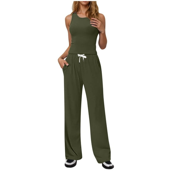 MSJUHEG Workout Sets for Women Summer Work Outfits for Women Travel Outfits for Women 2 Piece Sets Crop Tops Wide Leg Pant Sets 2 Piece Pants Set for Women Summer Green L
