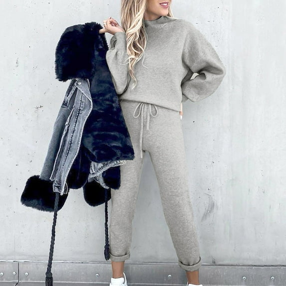 MSJUHEG Two Piece Sets,Women's Two Piece Clothing Sets for Going Out,Women Workout Sets 2 Piece,Women Sweats Set Suit Neck Pant Round Solid Blouse Shirt Pocket Suits & Sets Woman Jogger Set Z Grey 2XL
