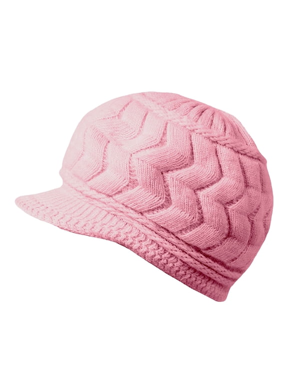Visor Beanie Billed Knit Radar Cuff Skull Cap Sports Outdoor Winter Stretch Men Women A5 Pink One Size