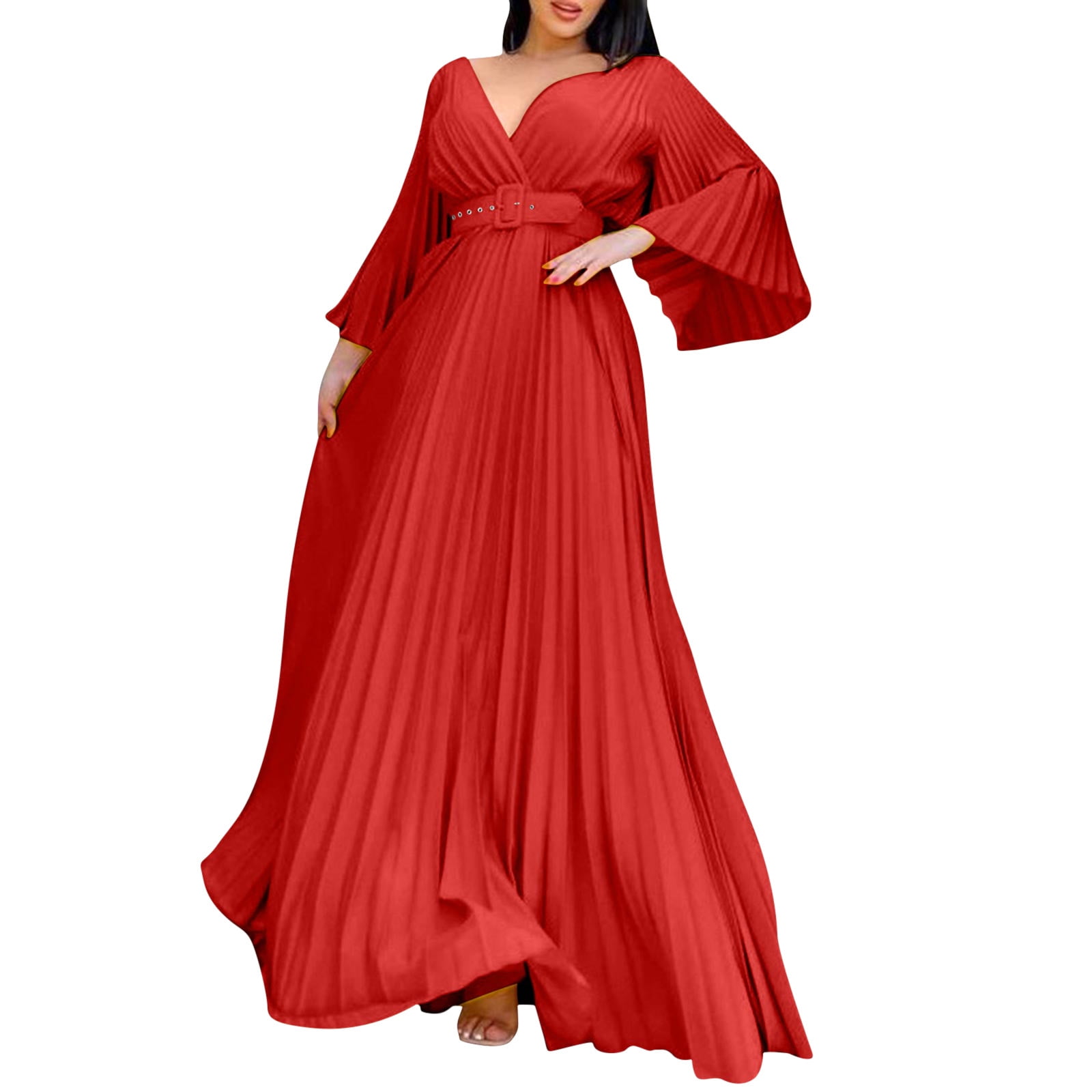 strapless open back dress Half Sleeves Red Long Prom Dresses with High Slit, Long Red Formal Eve –  Shiny Party main image 1