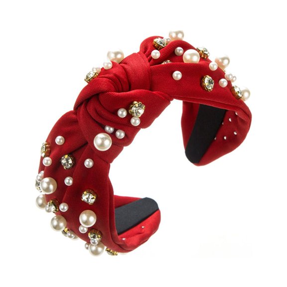 MSJUHEG Western Headbands,Beaded Headband,Knot Headband,Denim Headband,Pearl Headband,Headband Pearl Denim Fabric Headband High Head Hair Red One Size