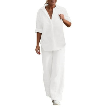 MSJUHEG Wide Leg Sweatpants Women Long Sleeve Shirts For Women Women'S Two Piece 2023 Lapel Long Sleeved Shirt Spring Autumn Casual Solid Pants Wide Leg Suit Lounge Sets For Women White S