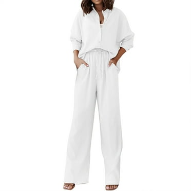 MSJUHEG Wide Leg Sweatpants Women Shirts For Women Solid Color Two Piece Loose Shirt Wide Leg Trousers Casual Autumn And Winter Suit Lounge Sets For Women White Xl