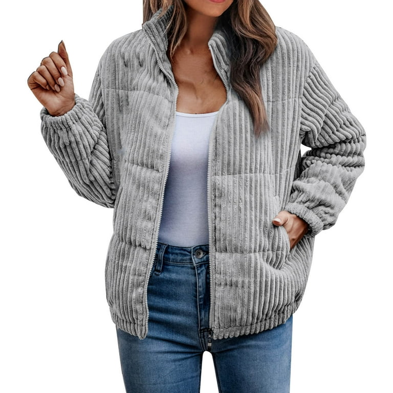 MSJUHEG Winter Coats For Women Cardigan For Women Ladies Solid Color Zipper Corduroy Filled Cotton Stand Collar Casual Jacket Breadwear Cardigan Sweaters For Women Grey M Walmart