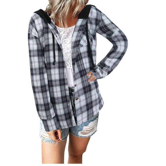 MSJUHEG Winter Coats For Women Hoodies For Women Women Long Sleeve Plaid Hoodies Jacket Button Down Casual Blouse Shirts Tops Coat Hoodie Black Xxxl