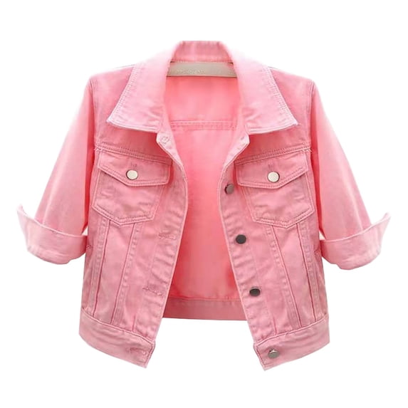 MSJUHEG Winter Coats For Women Denim Jacket For Women 3/4 Sleeve Colored Cropped Denim Jacket Light Wash Jacket Lohas Time Coat Jean Jacket Women Pink L