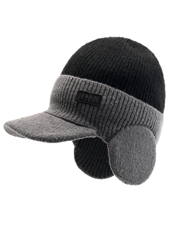 Winter Men's Knit Beanie with Brim Winter Visor Beanie Hat for Men & Women Brim Knit Skully Hats Billed Skull Cap Thick A2 Black One Size