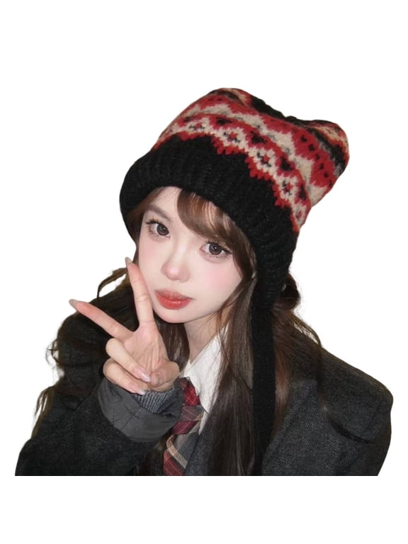 Winter Womens Knit Earflap Beanie Hat Tie Strings Detail Soft Warm Stretchy Headwear for casual daily and light outdoor wear Watermelon Red One Size