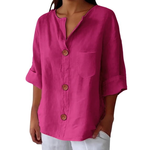 MSJUHEG Women Button Down Shirt Plus Size Elbow Length V Neck Button Shirt Cotton and Linen Clothes Women's Plus Size Blouse Work Blouses Summer Trendy Tee Shirts A2 Hot Pink L