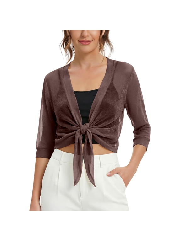 Women Cardigan Cover Up 3/4 Sleeve Tops Tie Front Tops Summer Cover Up Cardigan Sheer Jacket Cardigan Jacket Casual Coverups Mesh Sheer Open Front Cropped Dressy Brown 2xl
