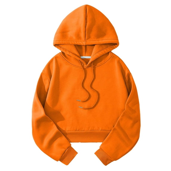 MSJUHEG Women Cropped Hooded Pullover, Long Sleeve Relaxed‑Fit Sweatshirt, Drawstring Hood and Kangaroo Pocket, Cozy Drop‑Shoulder Design for Spring‑Fall Daily & Weekend Looks A1 Orange XS