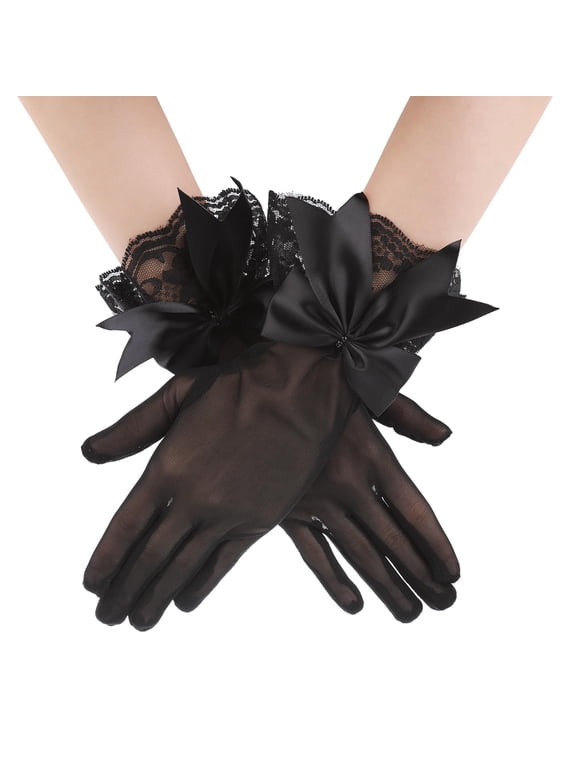 Women Party Bow Lace Gloves Full Finger Gloves Elegant Mesh Dress Up Gloves Elegant Short Lace Fishnet Gloves Mesh Gloves Net Texture Tea Party Accessories Tea Party Gloves Black One Size